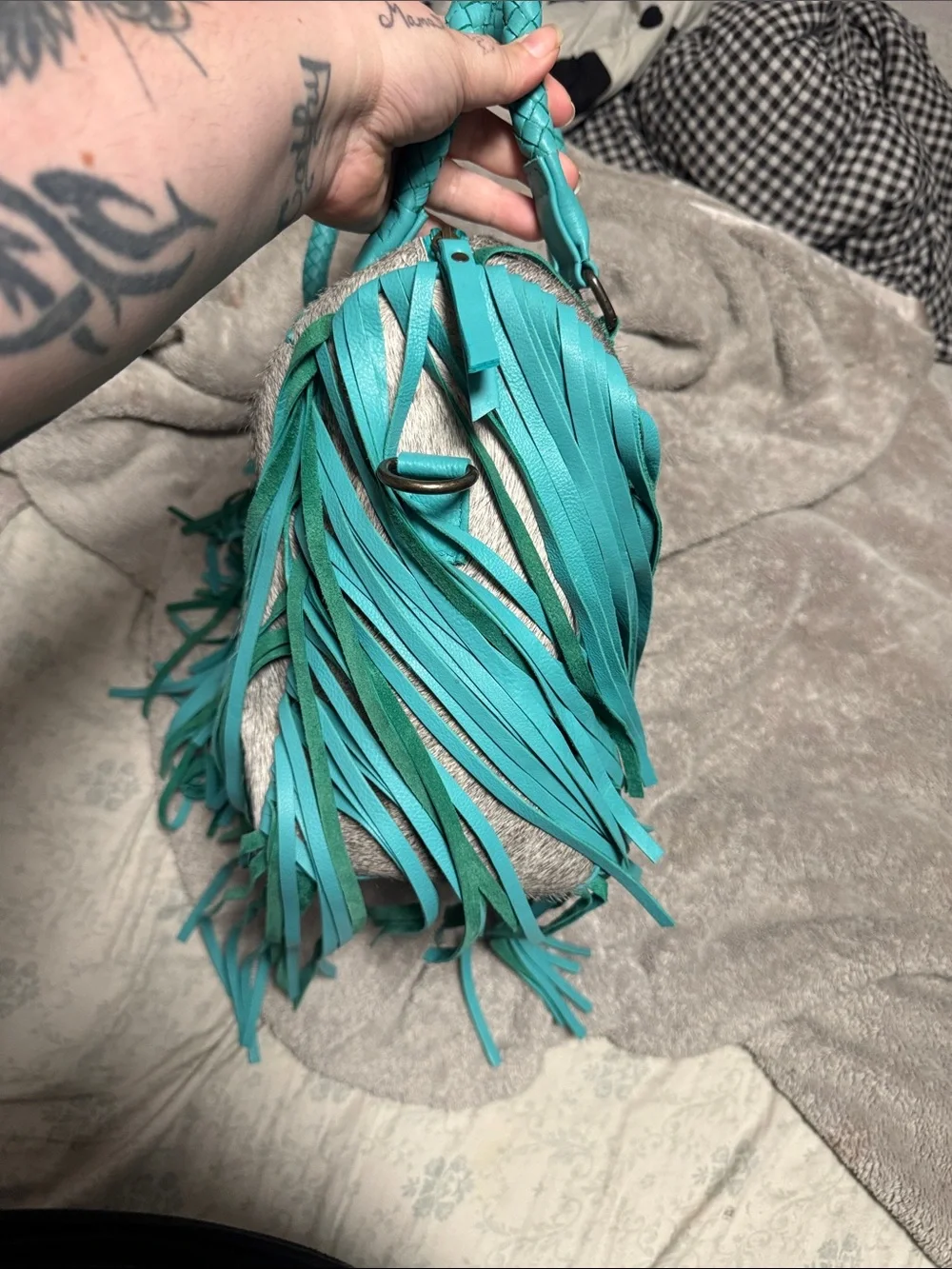 Turquoise Trim Gray Haircalf Fringe Satchel - Women Bags